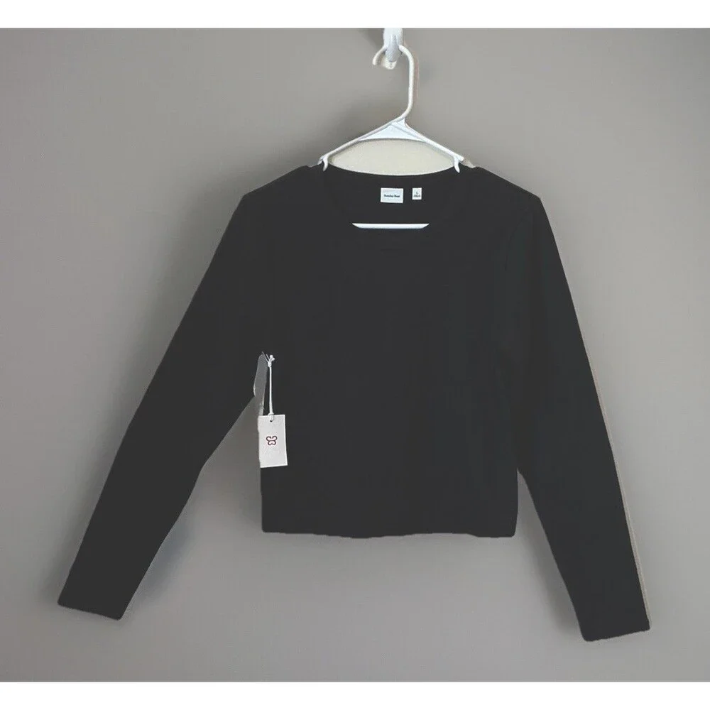 Aritzia Sunday Best Black Cropped Long Sleeve Large Round Neck Top NWT lagenlook